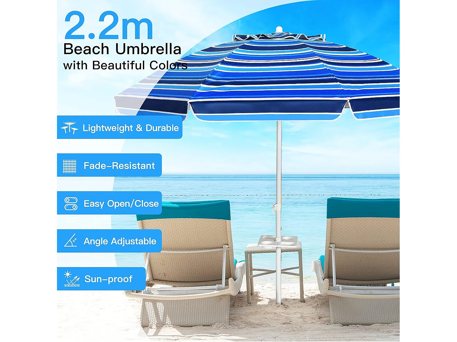 2,2m strandparasol strandparaplu met draagtas, UPF50 + zon bescherming zonnescherm,strand zonnescherm met zand anker,draagbare zonnescherm (Marineblauw)ZB34461