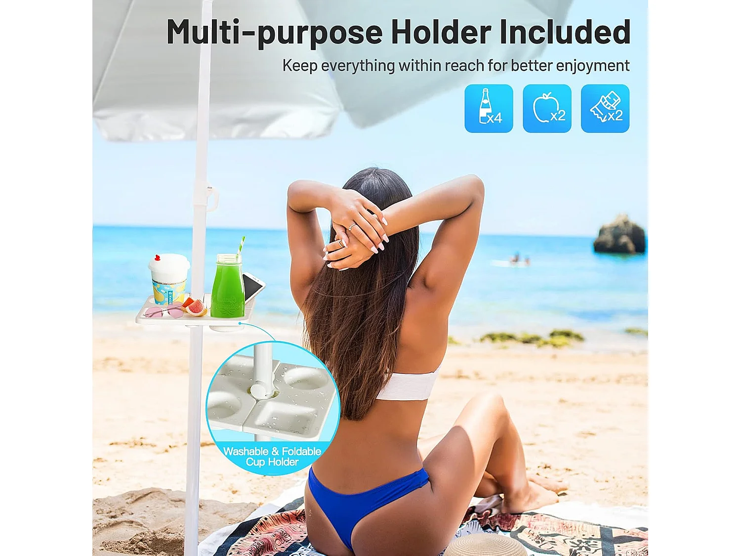 2,2m strandparasol strandparaplu met draagtas, UPF50 + zon bescherming zonnescherm,strand zonnescherm met zand anker,draagbare zonnescherm (Marineblauw)ZB34461