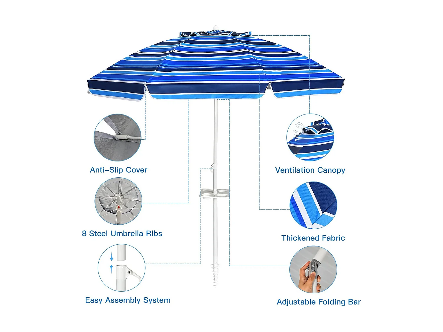 2,2m strandparasol strandparaplu met draagtas, UPF50 + zon bescherming zonnescherm,strand zonnescherm met zand anker,draagbare zonnescherm (Marineblauw)ZB34461