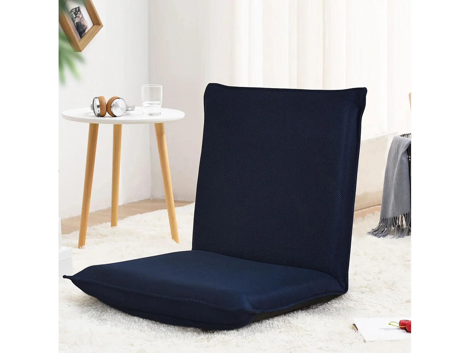 Sedia da terra con supporto schiena, Poltrona reclinabile imbottita struttura di metallo resistente, Blu marino