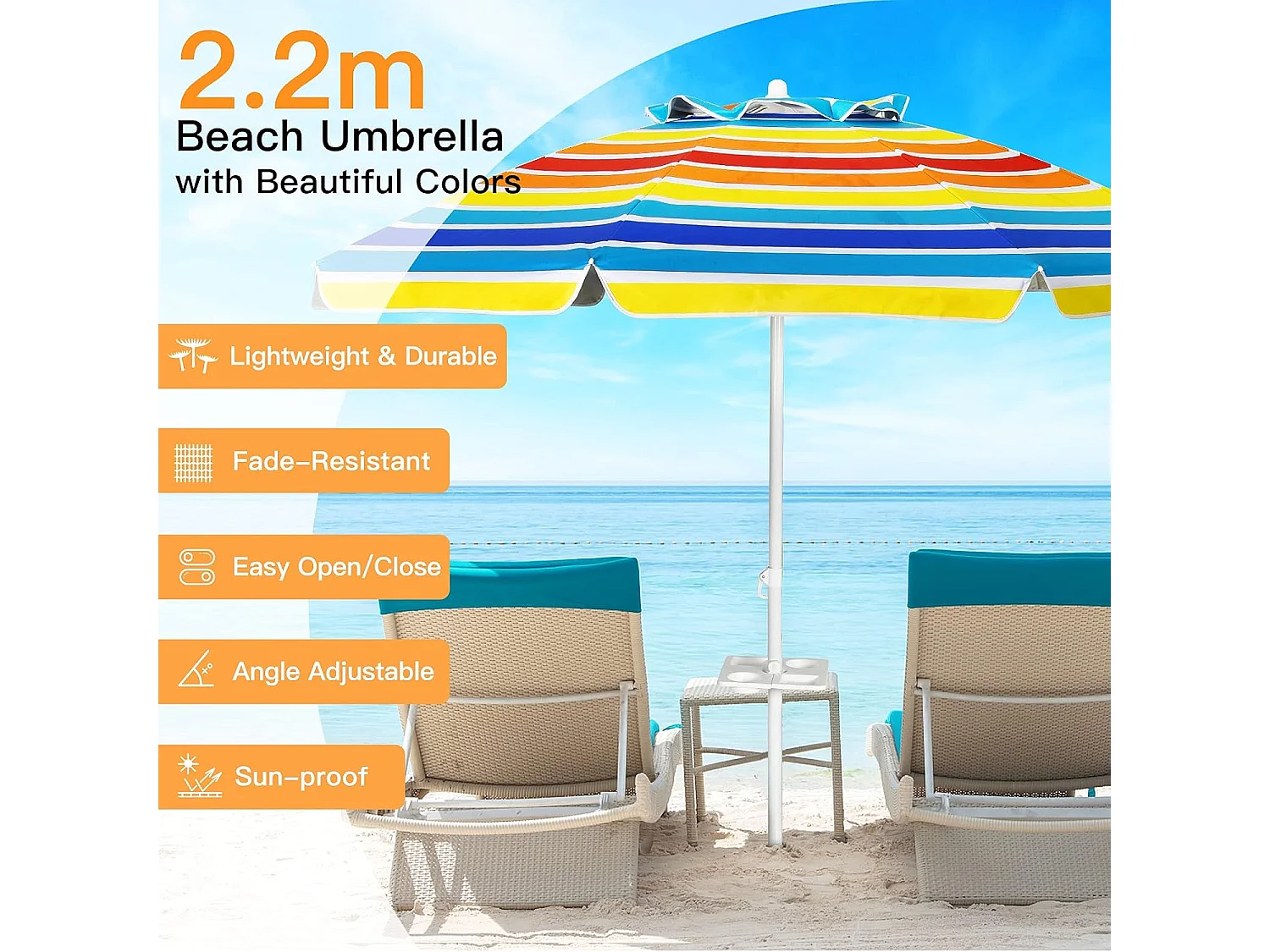 2,2m strandparasol strandparaplu met draagtas, UPF50 + zon bescherming zonnescherm, buiten tuin terras kantelen parasol,draagbare zonnescherm (Kleurrijk)ZB34461