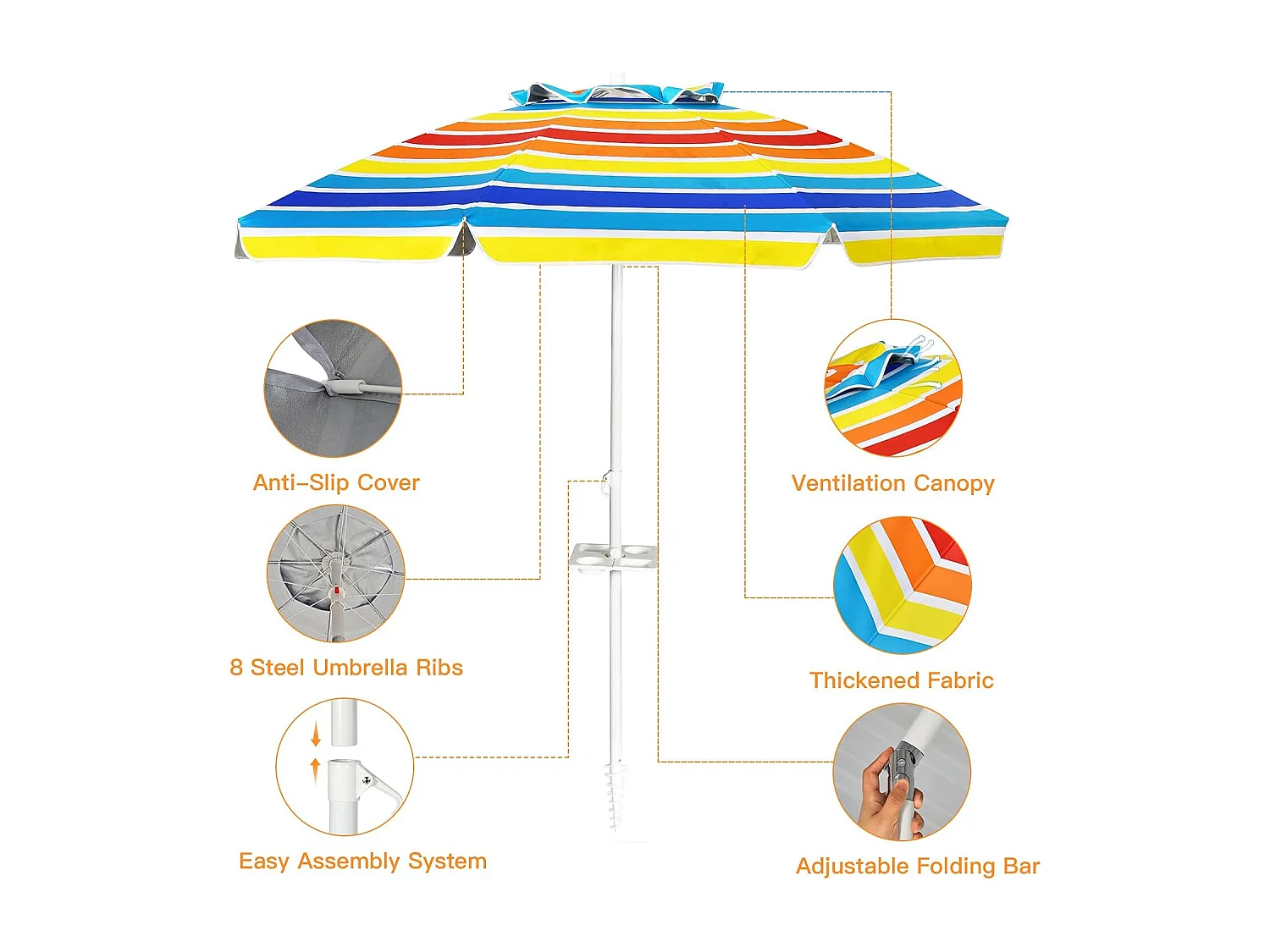 2,2m strandparasol strandparaplu met draagtas, UPF50 + zon bescherming zonnescherm, buiten tuin terras kantelen parasol,draagbare zonnescherm (Kleurrijk)ZB34461