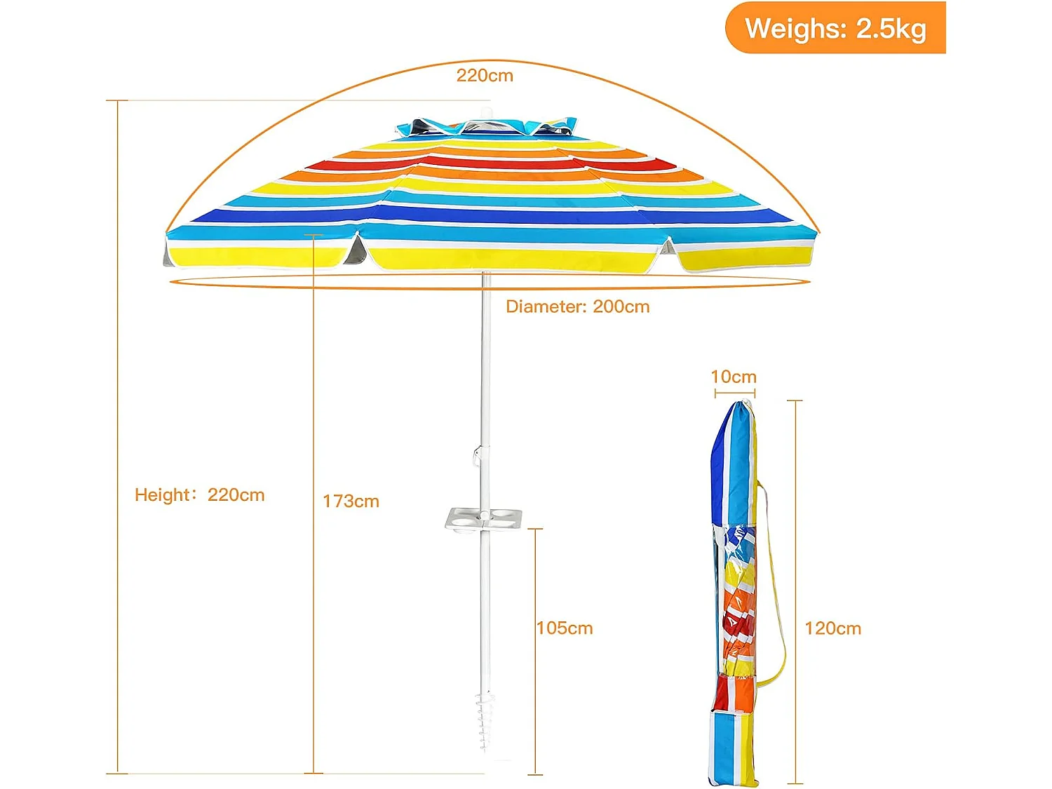 2,2m strandparasol strandparaplu met draagtas, UPF50 + zon bescherming zonnescherm, buiten tuin terras kantelen parasol,draagbare zonnescherm (Kleurrijk)ZB34461