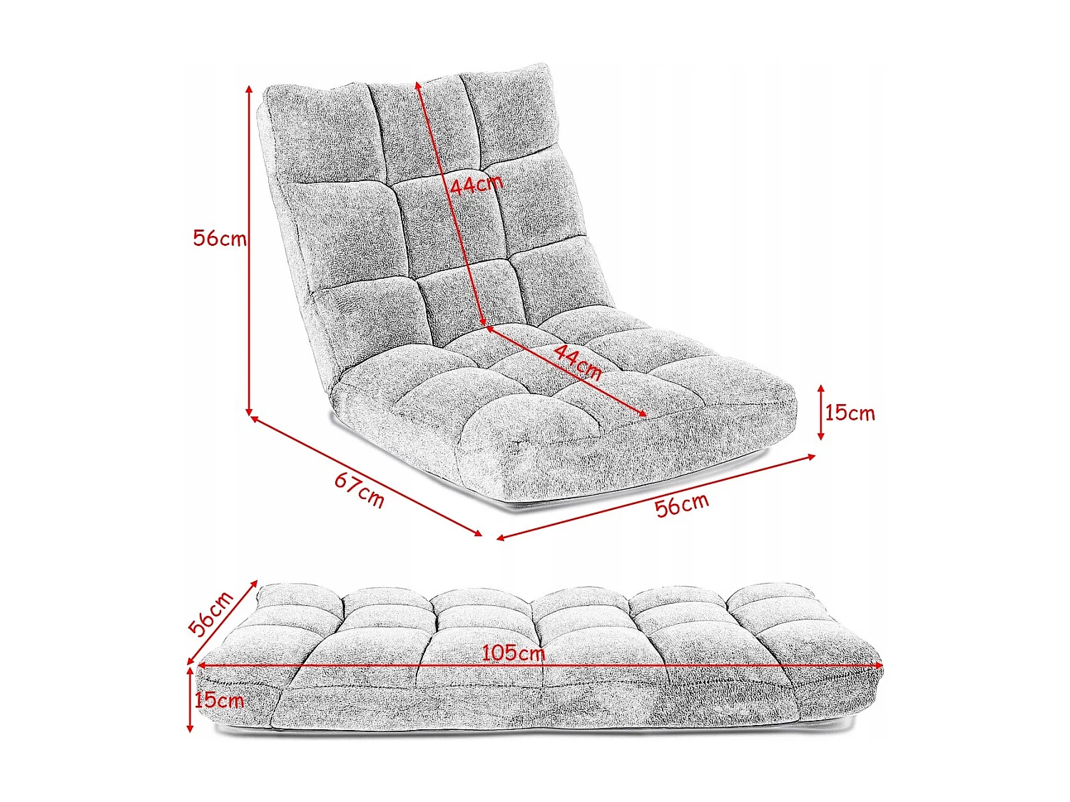 Sedia imbottita da pavimento regolabile in 14 posizioni 105x56x15cm Grigio