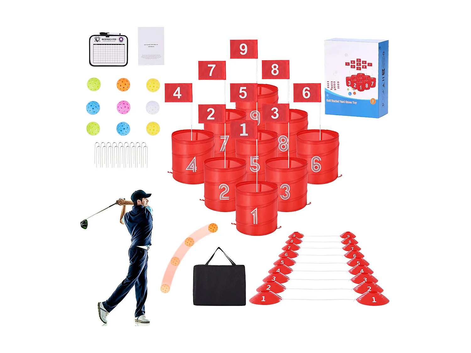 Jogo de Golfe SucceBuy Backyard Conjunto de Baldes Portáteis com 9 Buracos para Crianças e Adultos