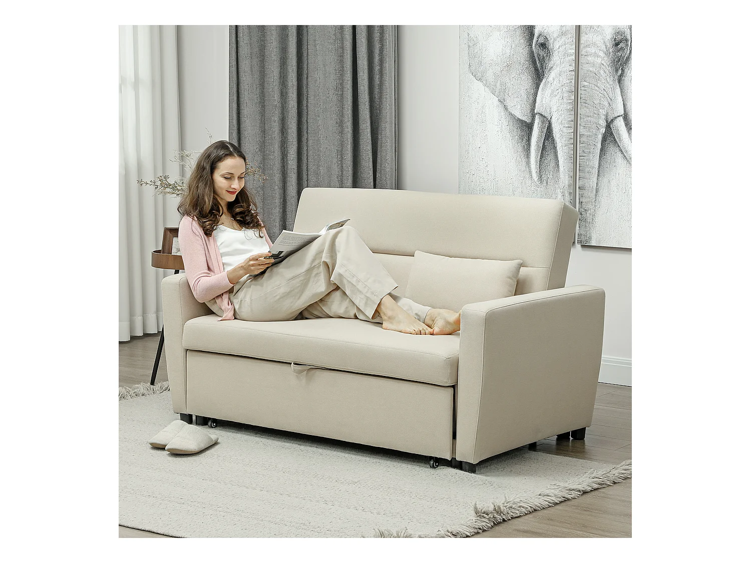 Canapé droit 2 places convertible avec dossier Clic-clac à 3 positions et assise coulissant, en velours beige - 155x90x88.5cm