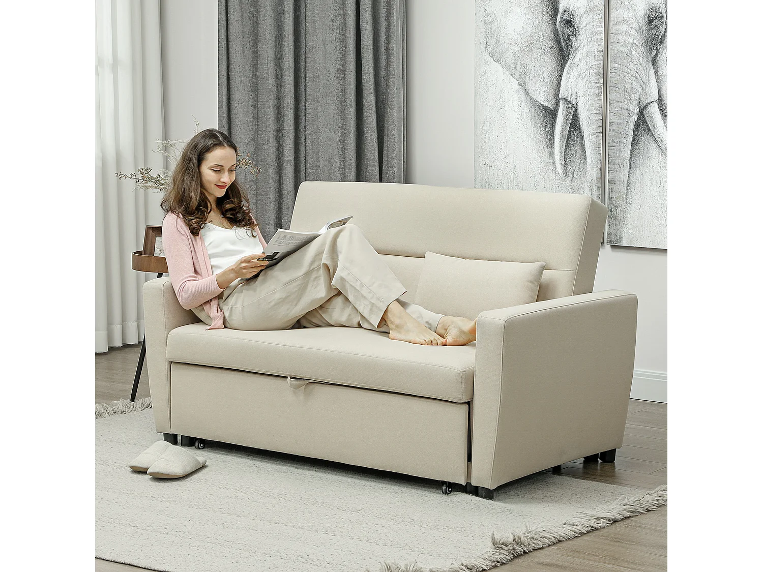 Canapé droit 2 places convertible avec dossier Clic-clac à 3 positions et assise coulissant, en velours beige - 155x90x88.5cm