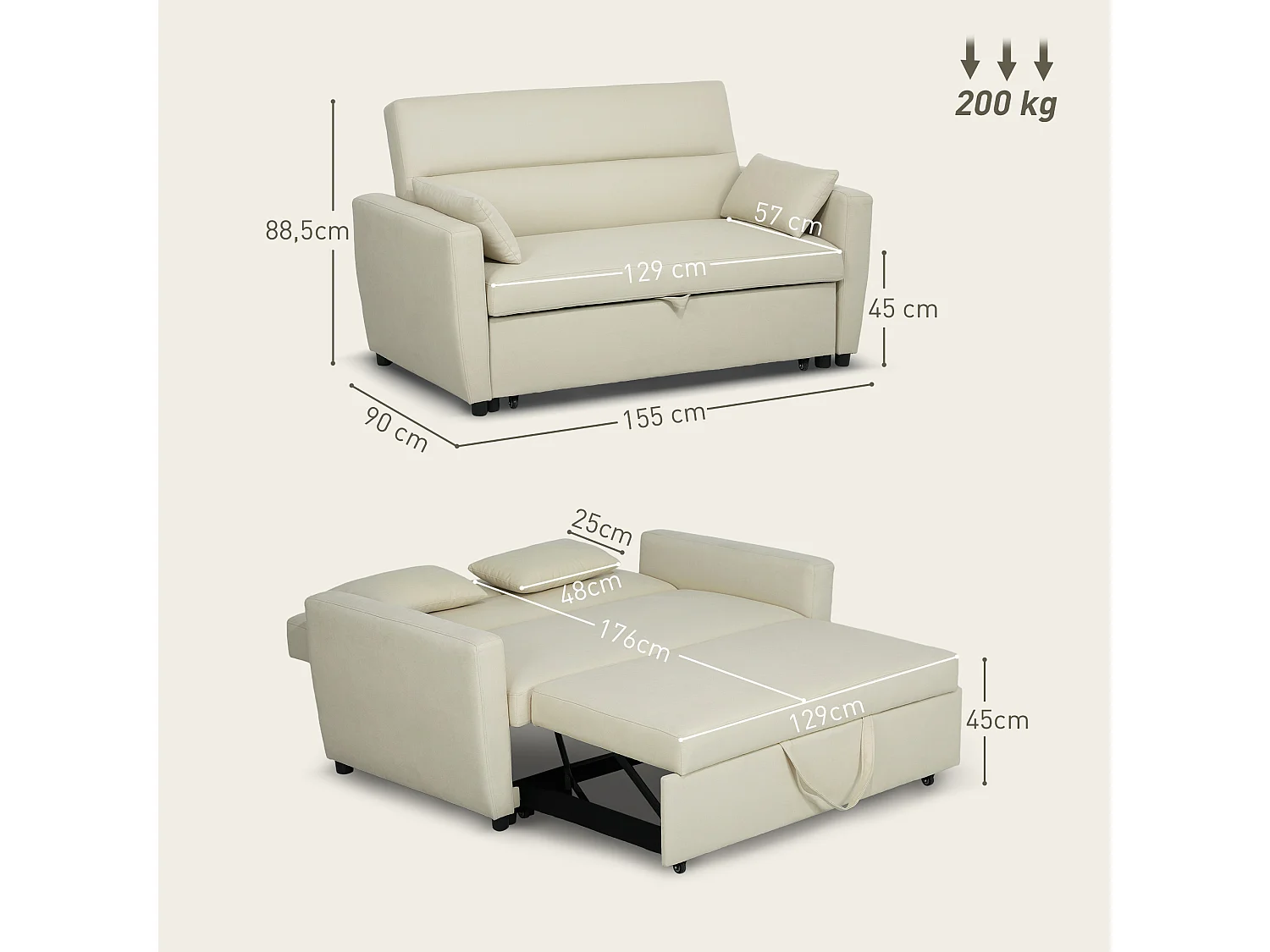 Canapé droit 2 places convertible avec dossier Clic-clac à 3 positions et assise coulissant, en velours beige - 155x90x88.5cm