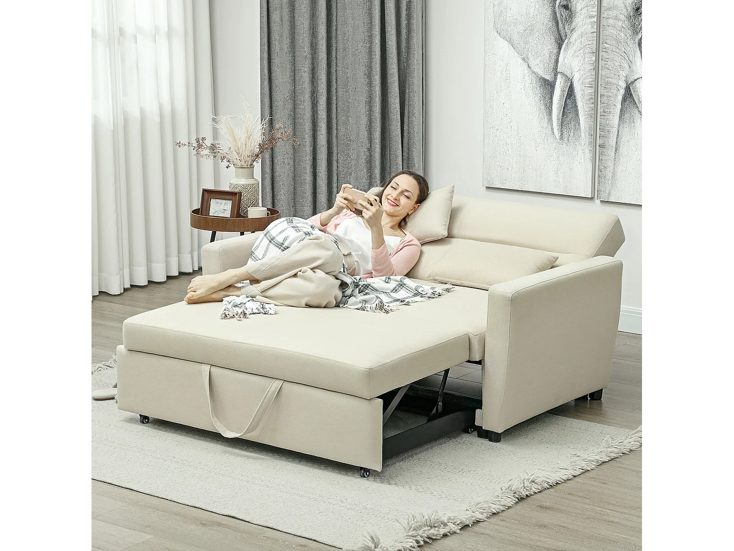 Canapé droit 2 places convertible avec dossier Clic-clac à 3 positions et assise coulissant, en velours beige - 155x90x88.5cm