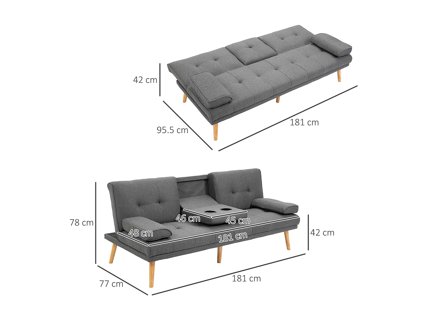 Canapé droit 3 places convertible Clic-clac à 3 positions, gris - 181x77x78cm