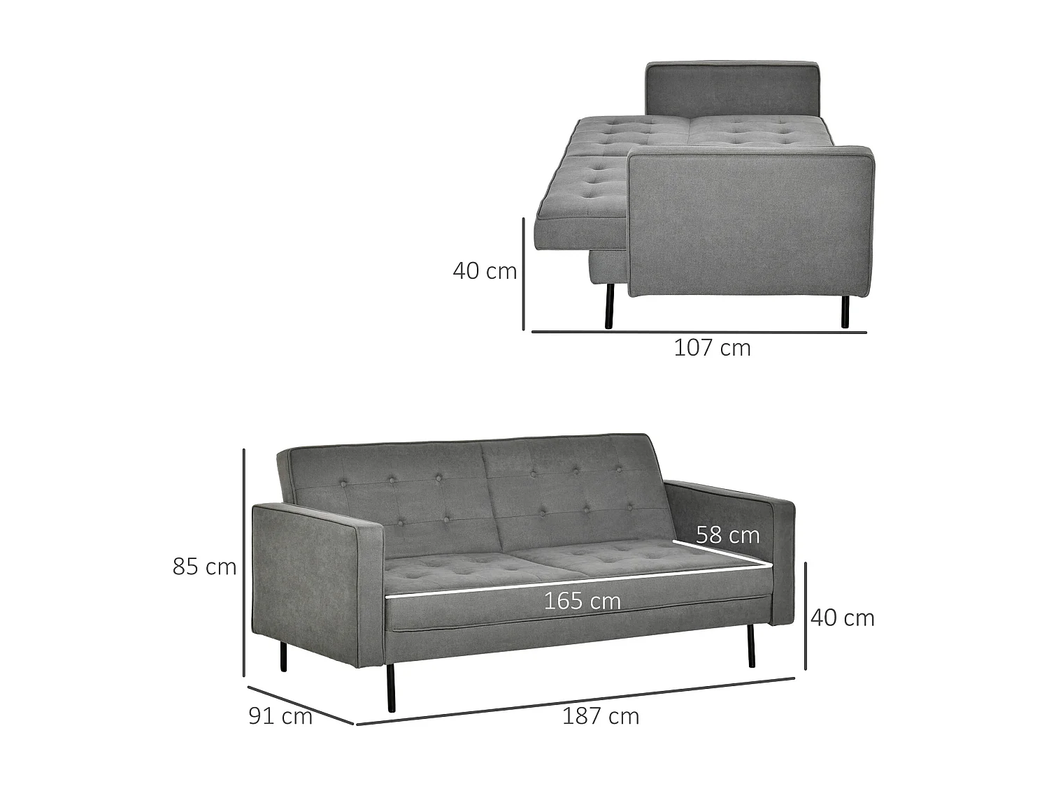Canapé droit 2 places convertible Clic-clac à 3 positions en coton gris - 187x91x85cm