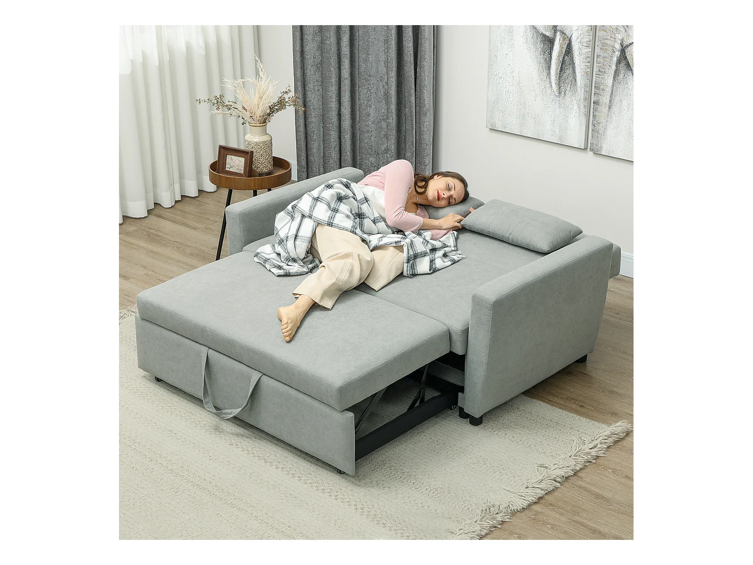 Canapé droit 2 places convertible avec dossier Clic-clac à 3 positions et assise coulissant, en velours gris clair - 155x90x88.5cm