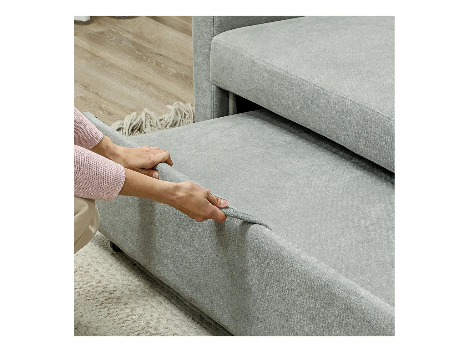 2-zits rechte slaapbank met 3-positie klik-klak rugleuning en schuifzitting, in lichtgrijs fluweel - 155x90x88,5cm