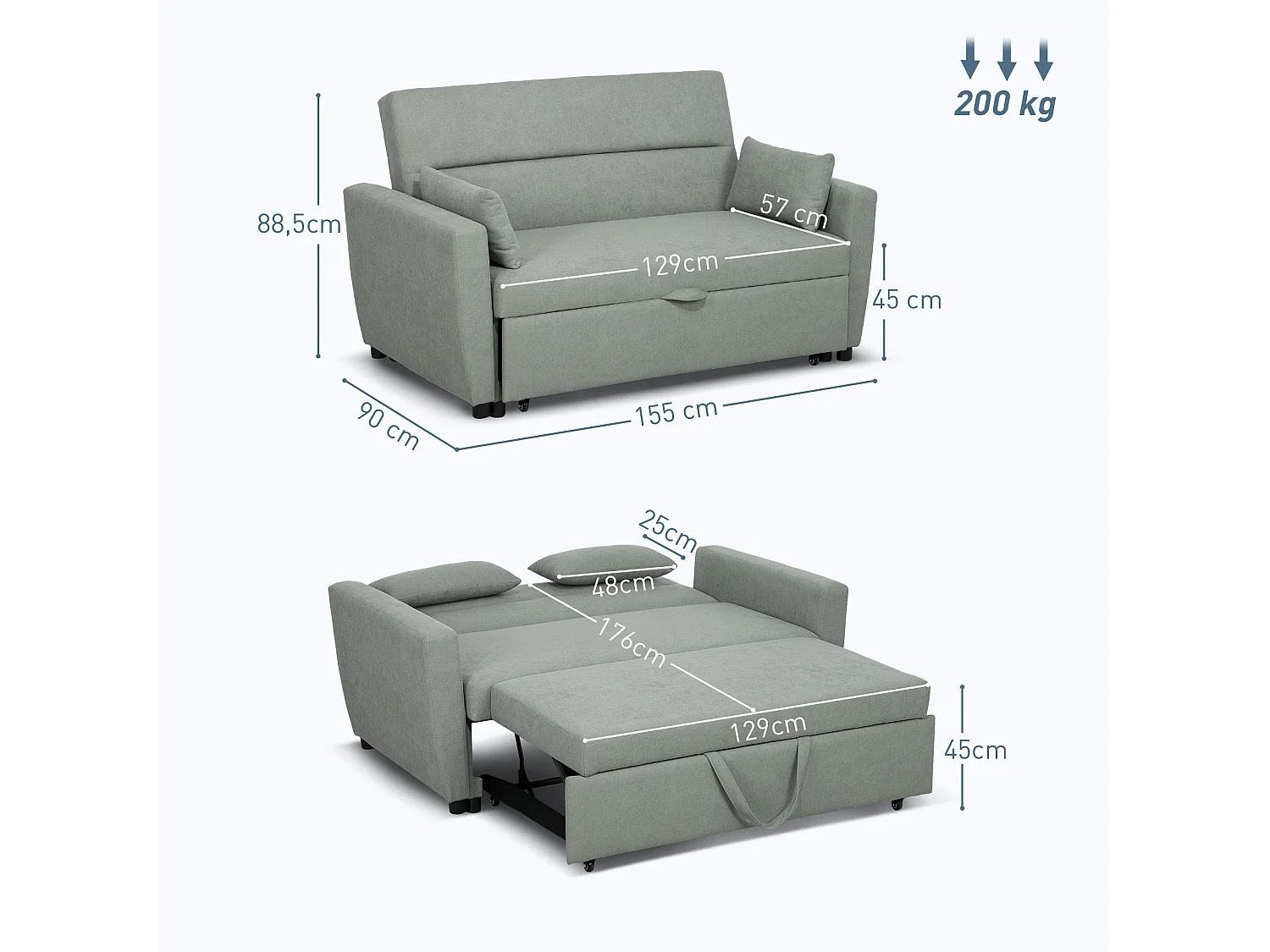 Canapé droit 2 places convertible avec dossier Clic-clac à 3 positions et assise coulissant, en velours gris clair - 155x90x88.5cm