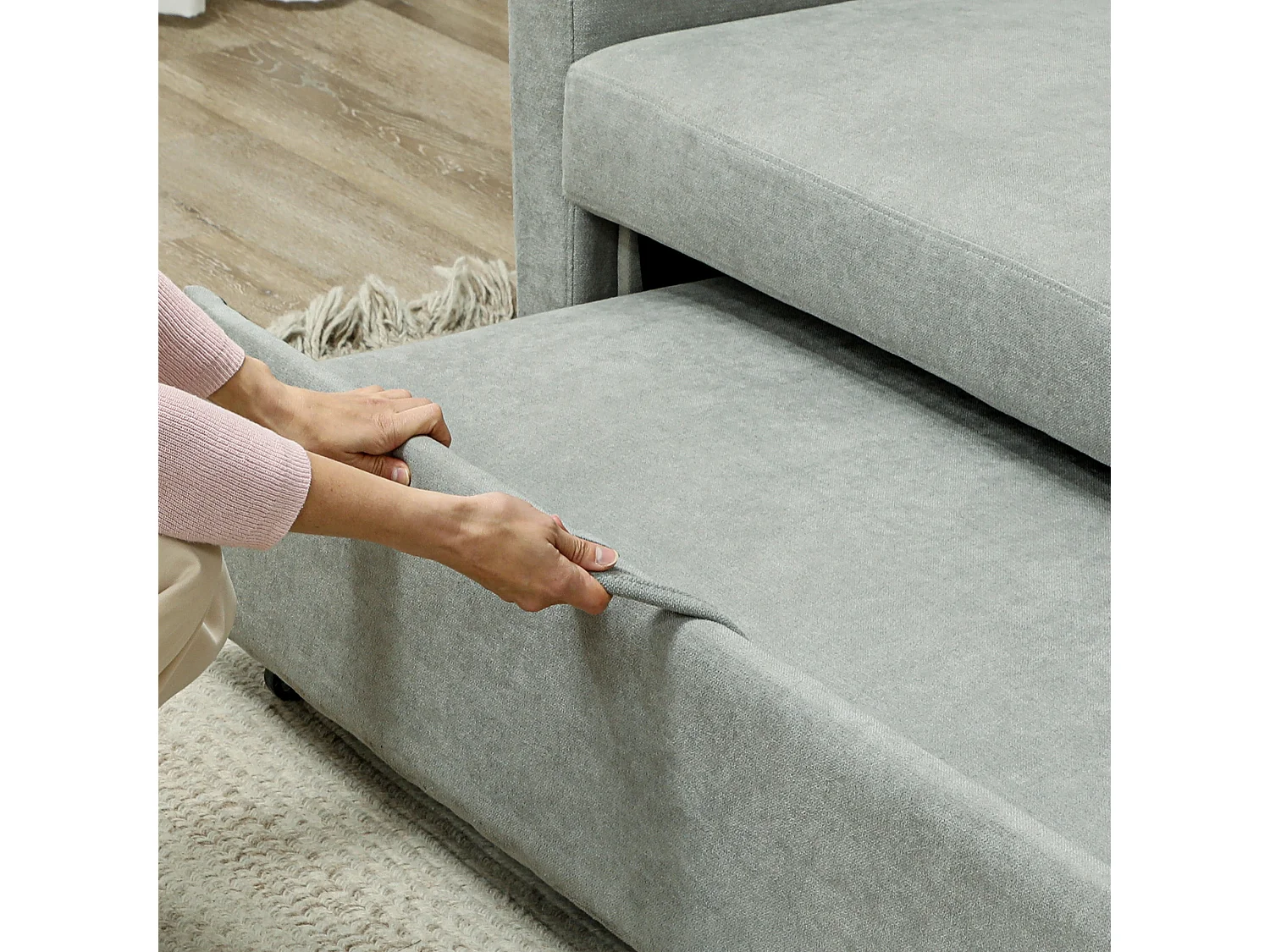 Canapé droit 2 places convertible avec dossier Clic-clac à 3 positions et assise coulissant, en velours gris clair - 155x90x88.5cm