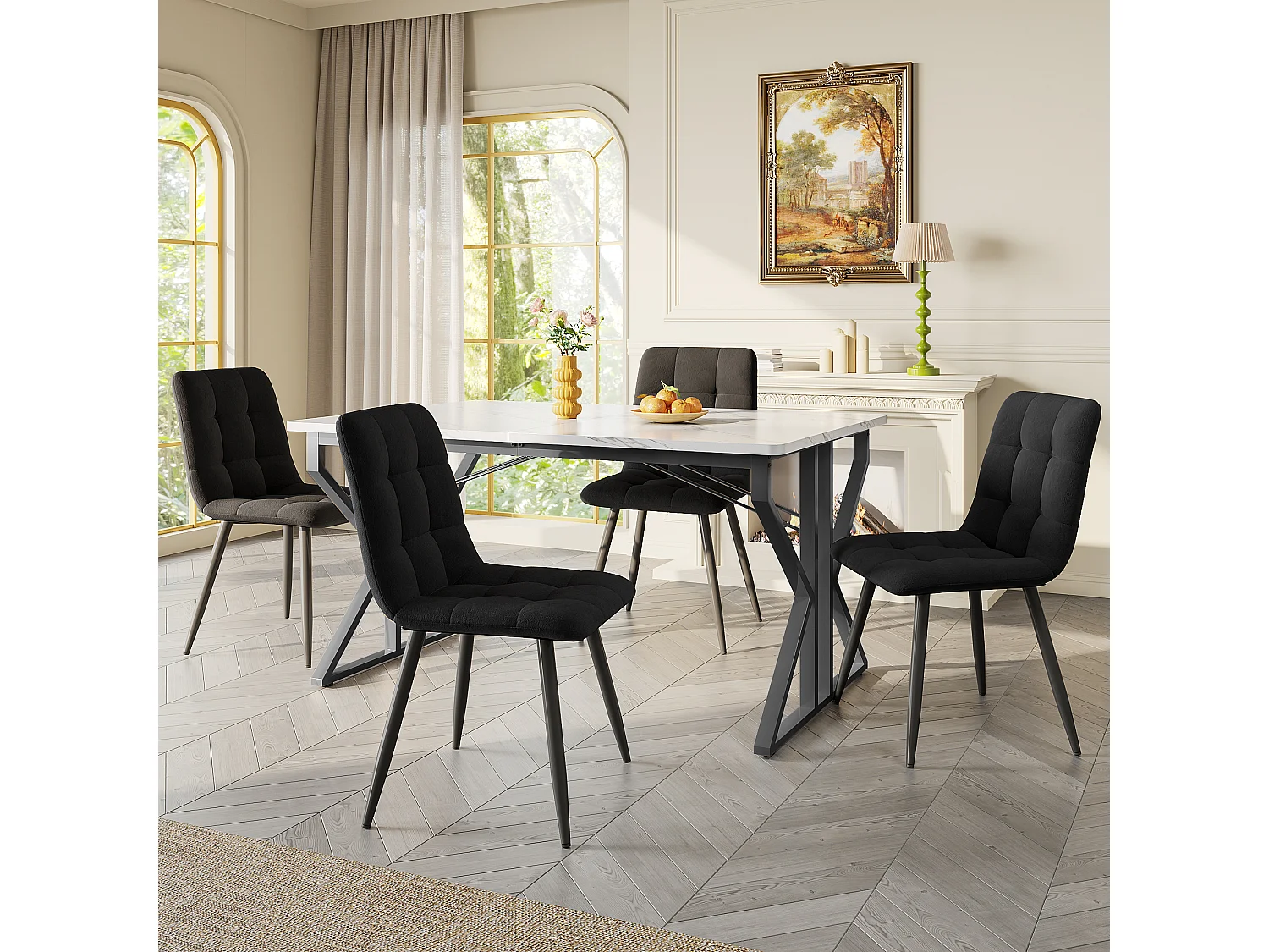 Mesa de jantar retangular 119x70x75cm com tampo em folheado de mármore branco e estrutura em metal preto
