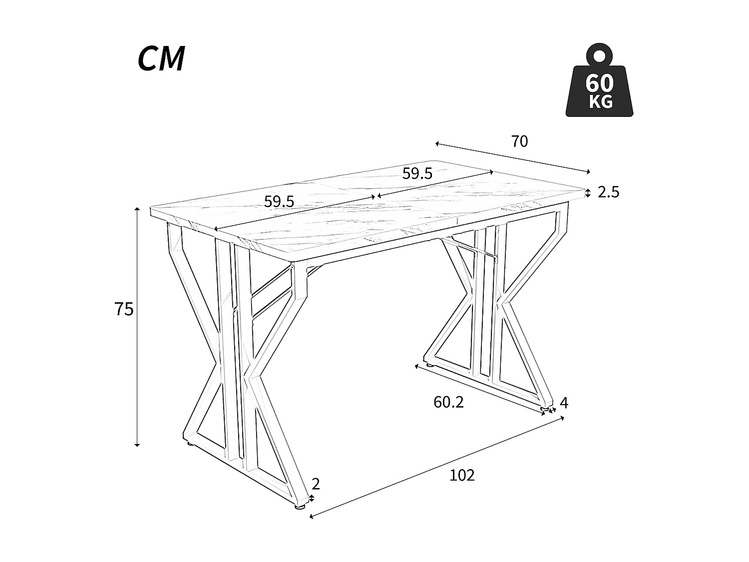 Mesa de jantar retangular 119x70x75cm com tampo em folheado de mármore branco e estrutura em metal preto