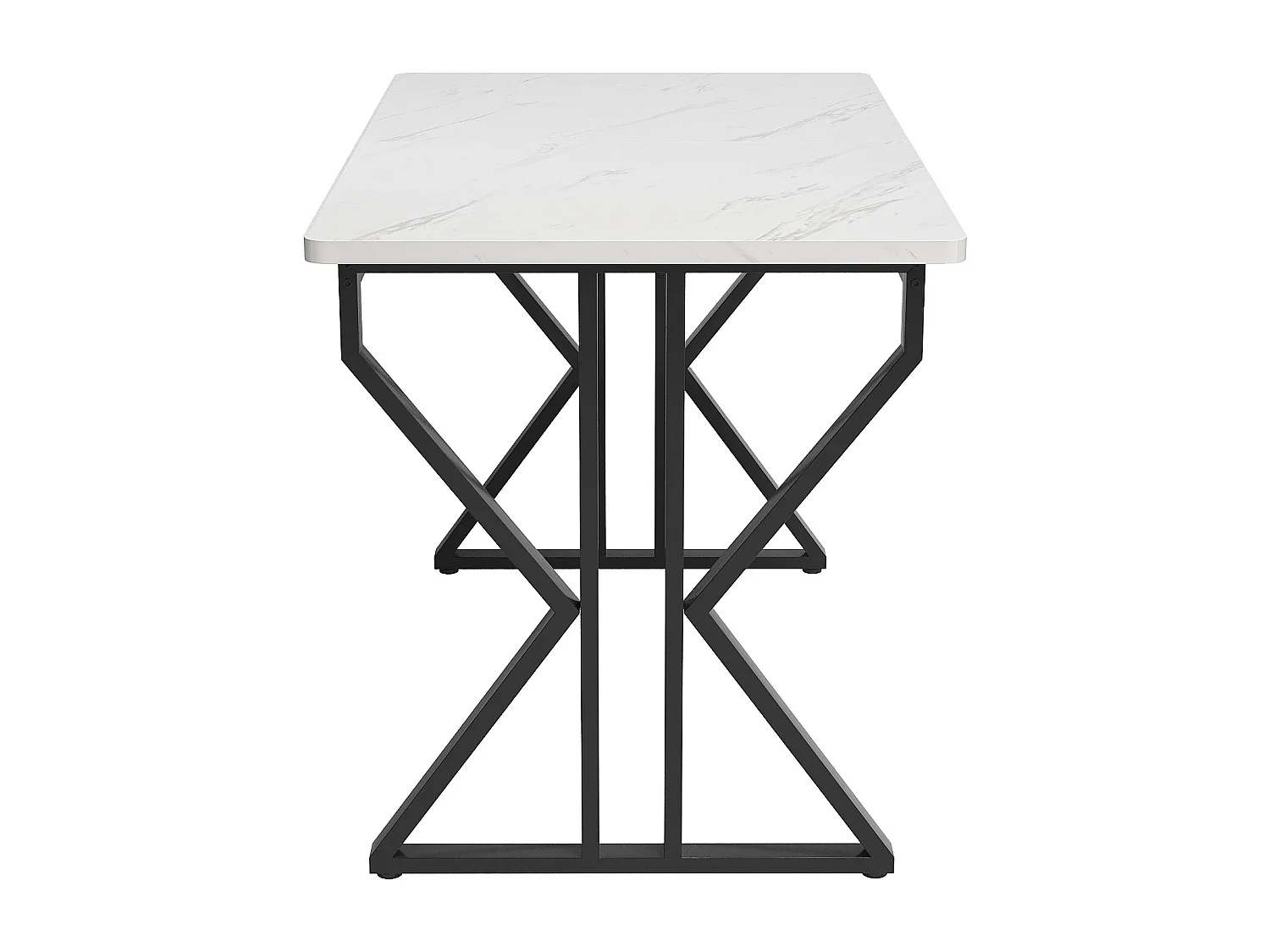 Mesa de jantar retangular 119x70x75cm com tampo em folheado de mármore branco e estrutura em metal preto