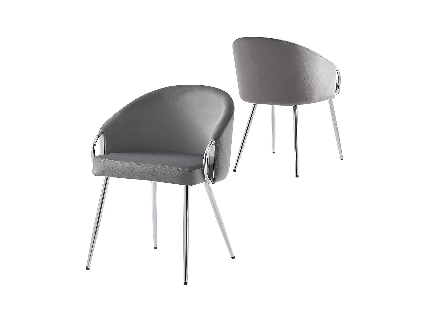 Lot de 2 chaises, fauteuils en velours gris avec pieds en métal argenté