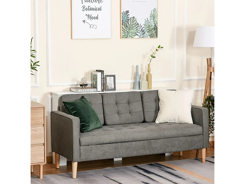 Canapé droit 3 places gris avec coffre intégré et coussins amovibles - 166.5x62x82cm