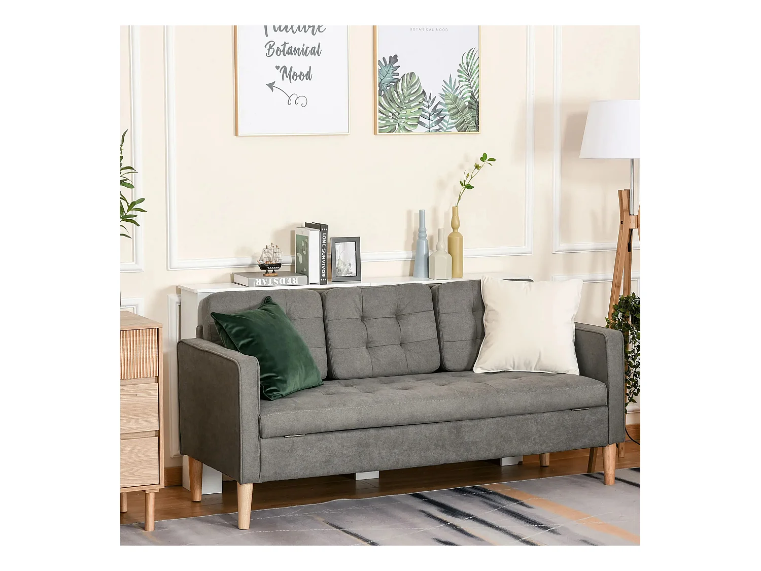 Canapé droit 3 places gris avec coffre intégré et coussins amovibles - 166.5x62x82cm