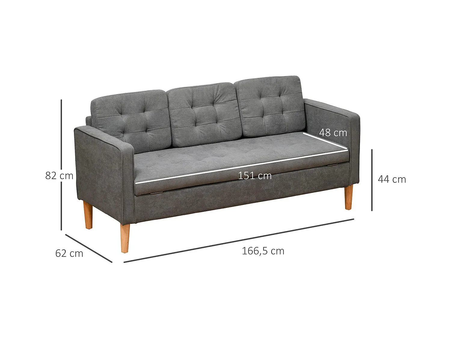 Canapé droit 3 places gris avec coffre intégré et coussins amovibles - 166.5x62x82cm