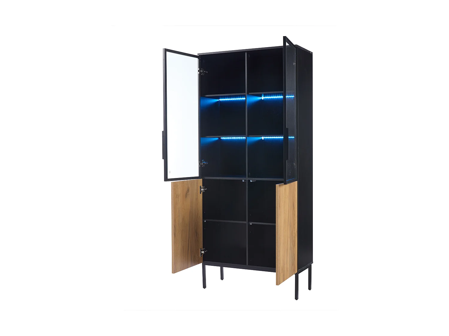 Vitrine com 2 portas de vidro e 2 portas de madeira, corpo em preto e natural, LED incluído - 80x35x180cm