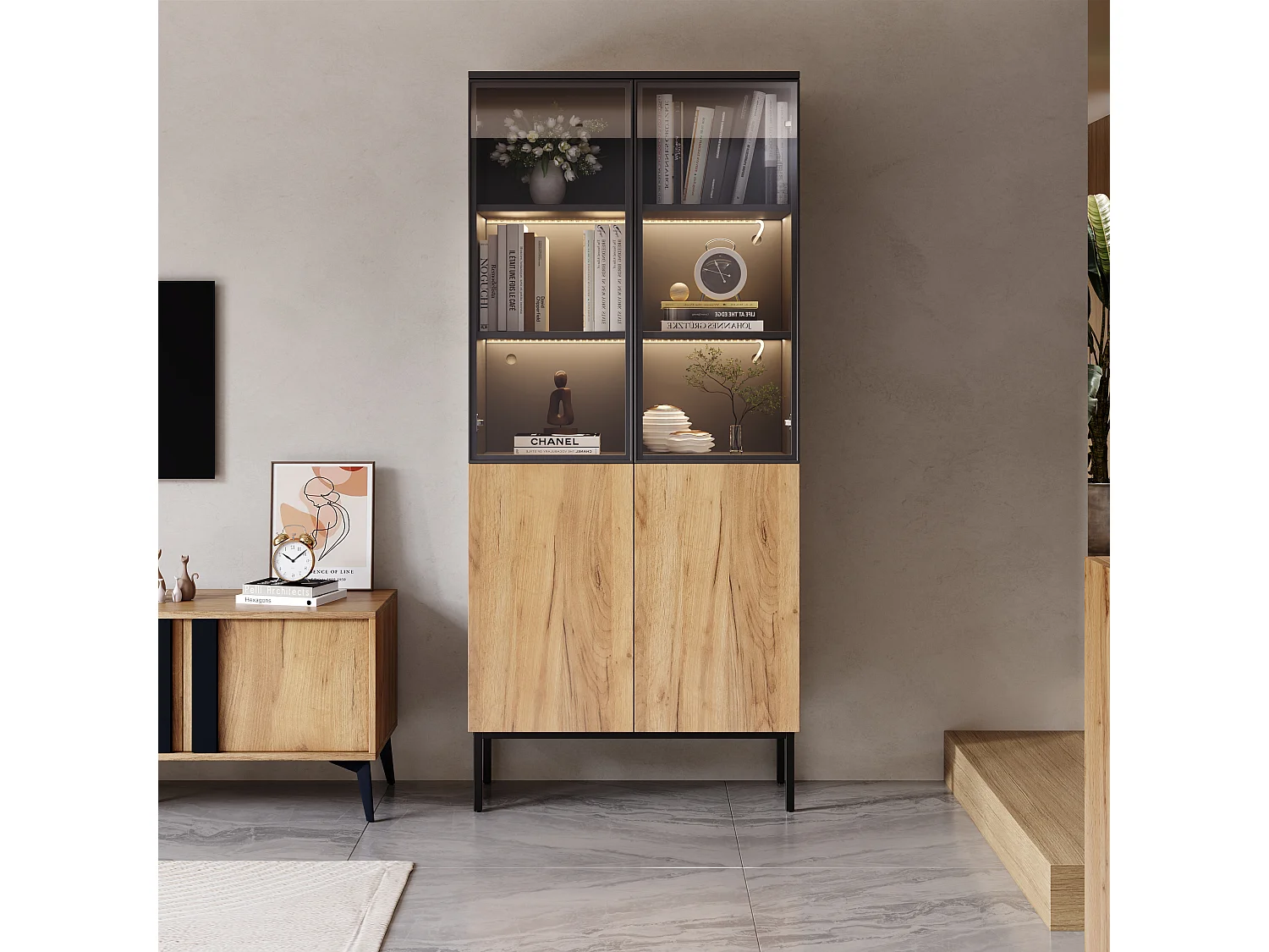 Vitrine com 2 portas de vidro e 2 portas de madeira, corpo em preto e natural, LED incluído - 80x35x180cm