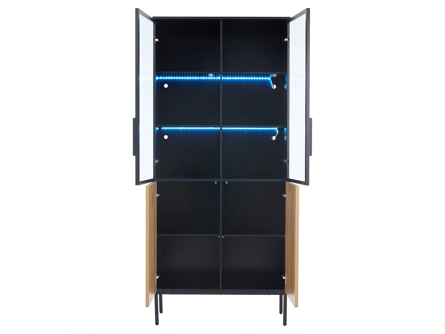 Vitrine com 2 portas de vidro e 2 portas de madeira, corpo em preto e natural, LED incluído - 80x35x180cm