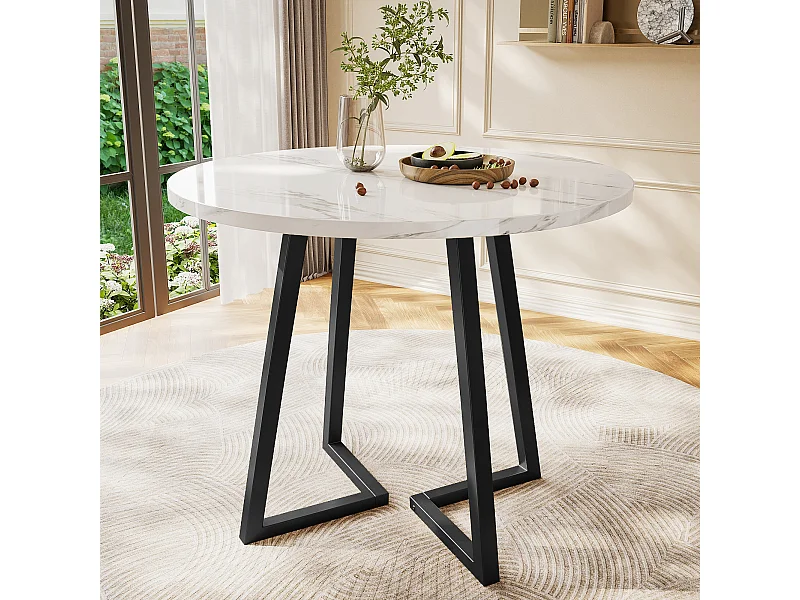 Table à manger ronde 80x80x75cm avec plateau en placage marbre blanc et pieds en métal noir