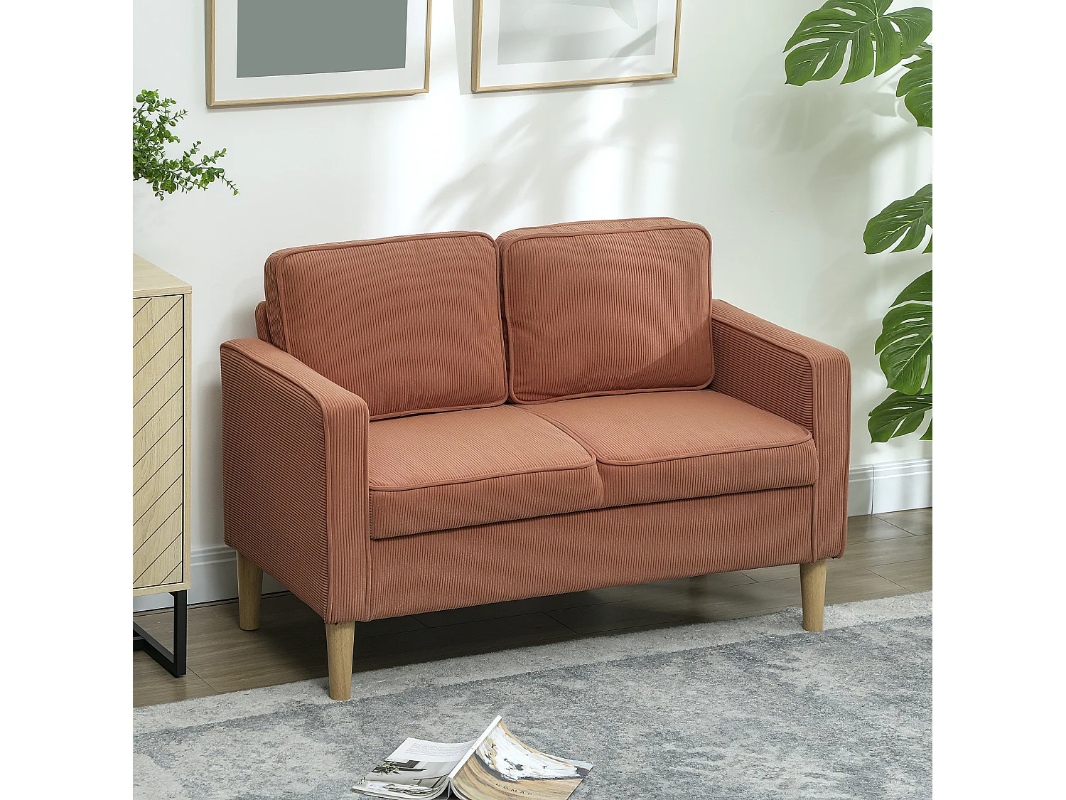 Canapé droit 2 places en velours côtelé orange avec coffre intégré- 117x63x79cm