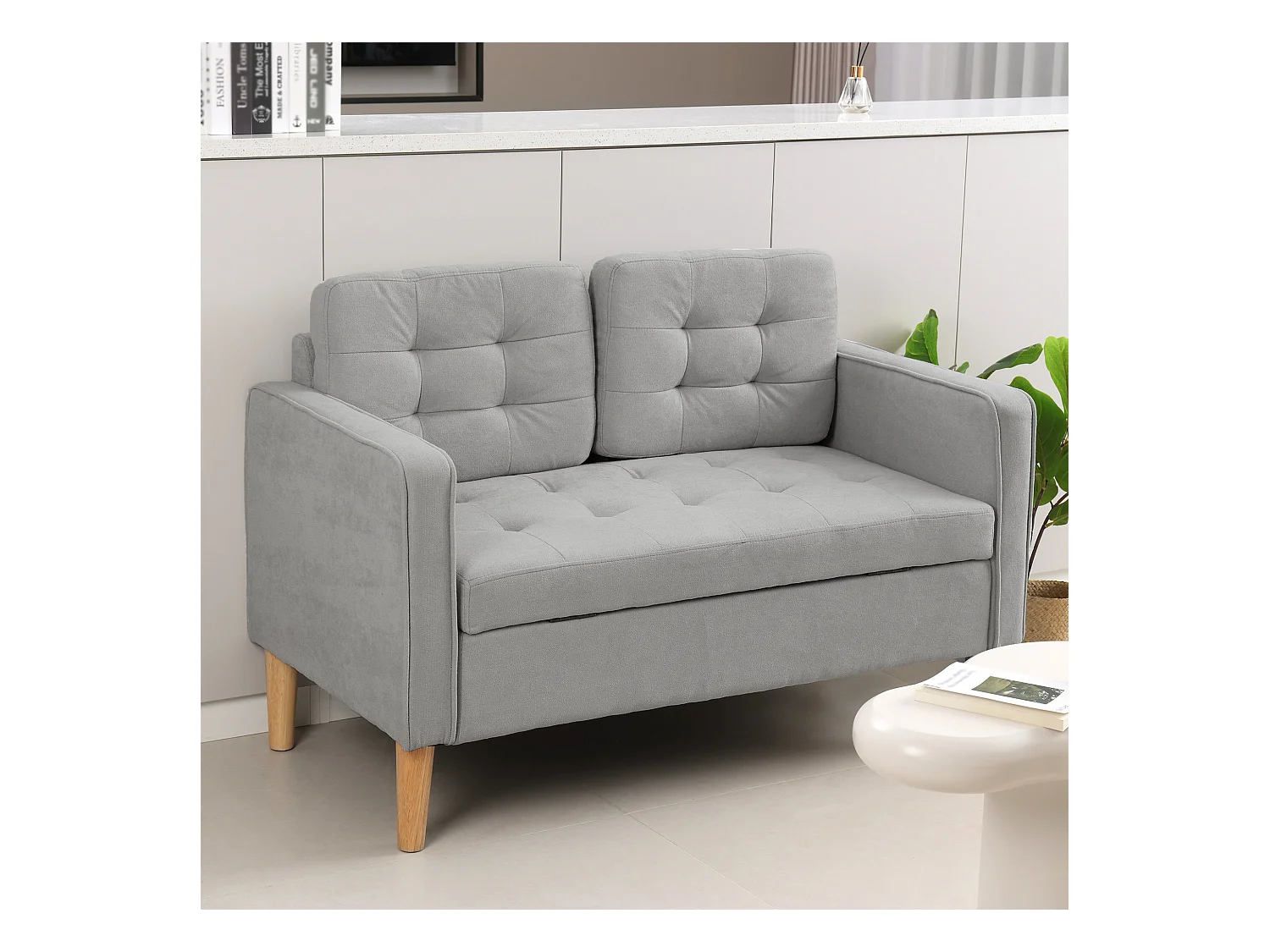Canapé droit 2 places en velours gris avec coffre intégré- 117x62x78cm