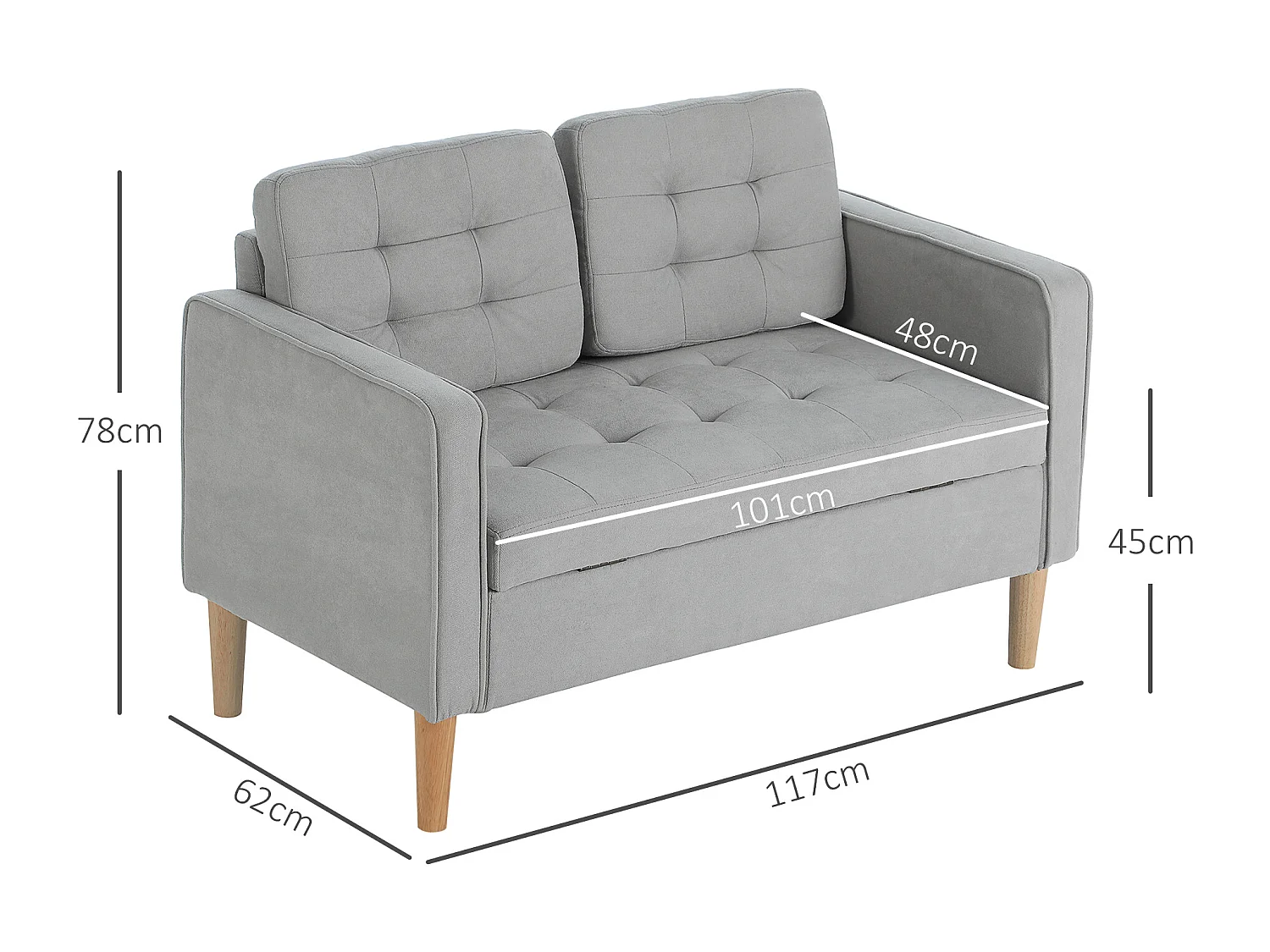 Sofá reto de 2 lugares em veludo cinza com armazenamento integrado - 117x62x78cm