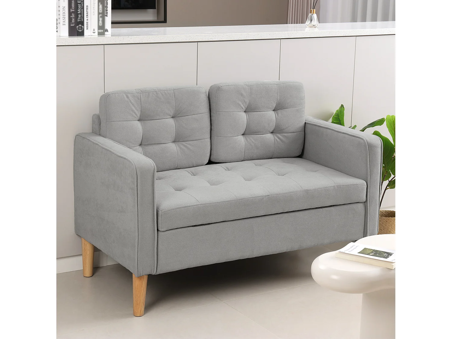 Canapé droit 2 places en velours gris avec coffre intégré- 117x62x78cm