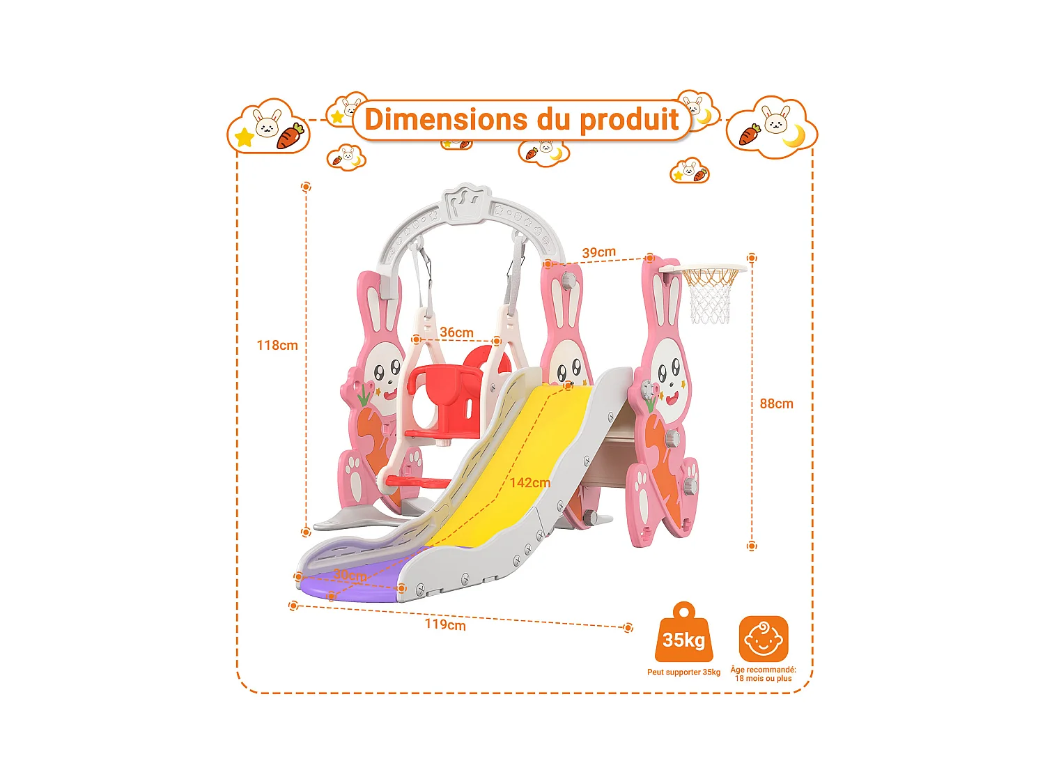Ensemble toboggan et balançoire 4 en 1 pour enfants avec échelle, glissière et panier de basket – design lapin mignon, aire de jeux compacte, rose