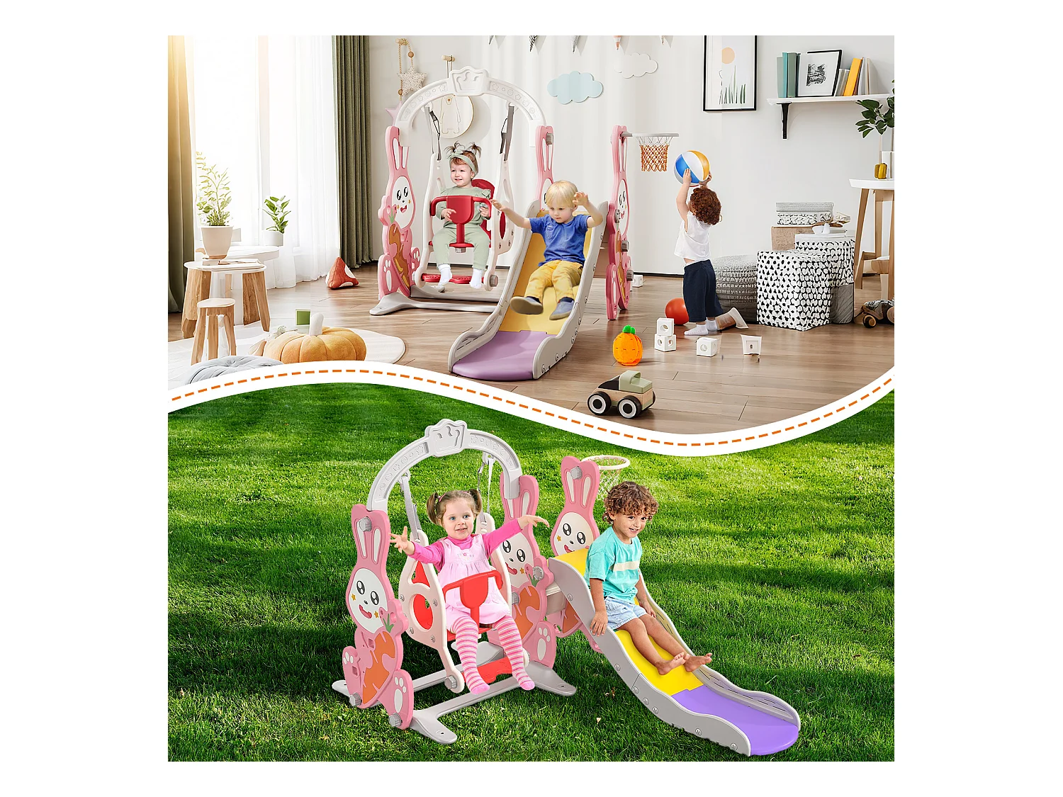 Ensemble toboggan et balançoire 4 en 1 pour enfants avec échelle, glissière et panier de basket – design lapin mignon, aire de jeux compacte, rose