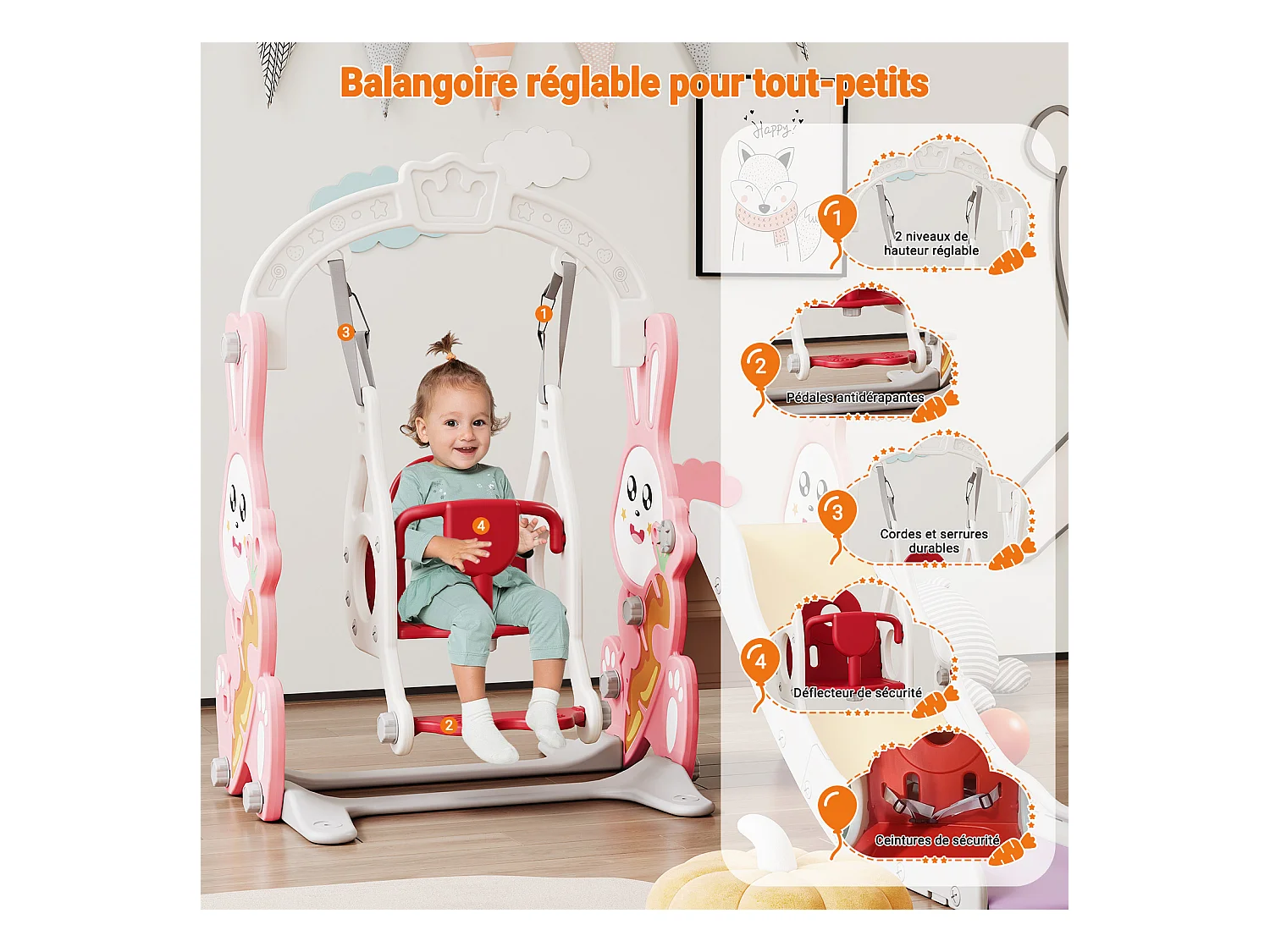 Ensemble toboggan et balançoire 4 en 1 pour enfants avec échelle, glissière et panier de basket – design lapin mignon, aire de jeux compacte, rose