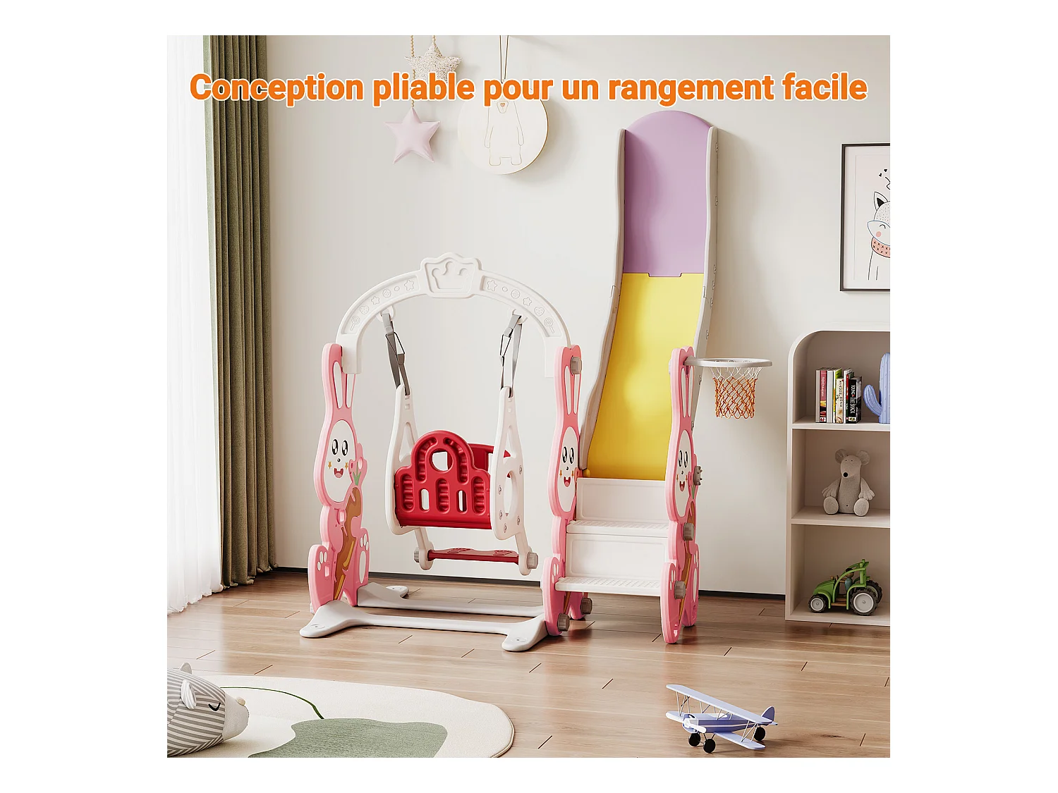 Ensemble toboggan et balançoire 4 en 1 pour enfants avec échelle, glissière et panier de basket – design lapin mignon, aire de jeux compacte, rose
