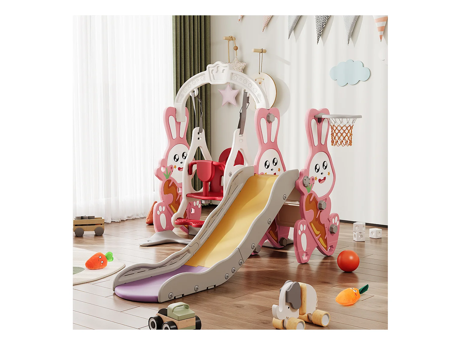 Tobogán y columpio 4 en 1 para niños con escalera, deslizadero y aro de baloncesto – diseño de conejito adorable, parque compacto, rosa