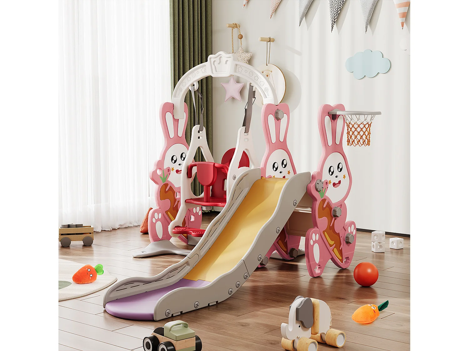 Ensemble toboggan et balançoire 4 en 1 pour enfants avec échelle, glissière et panier de basket – design lapin mignon, aire de jeux compacte, rose