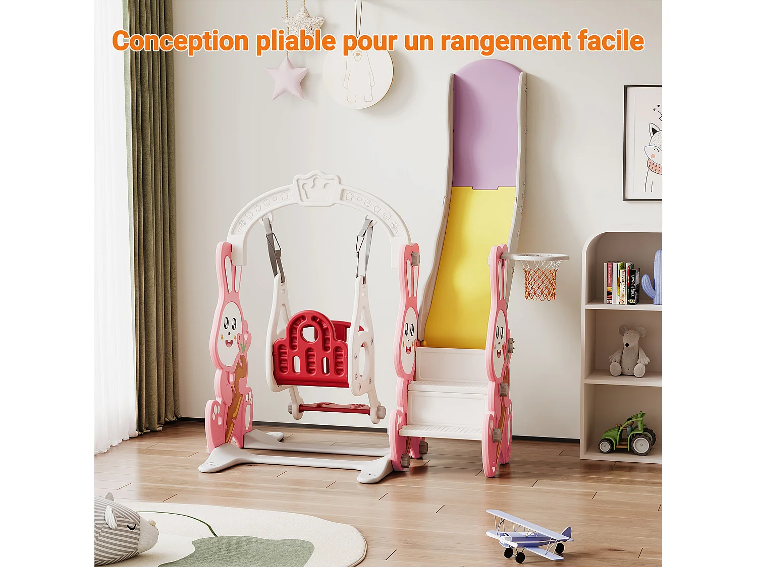 Ensemble toboggan et balançoire 4 en 1 pour enfants avec échelle, glissière et panier de basket – design lapin mignon, aire de jeux compacte, rose