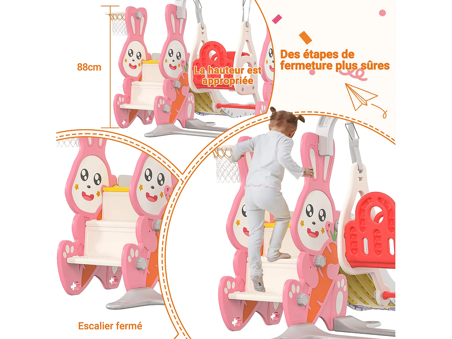 Ensemble toboggan et balançoire 4 en 1 pour enfants avec échelle, glissière et panier de basket – design lapin mignon, aire de jeux compacte, rose