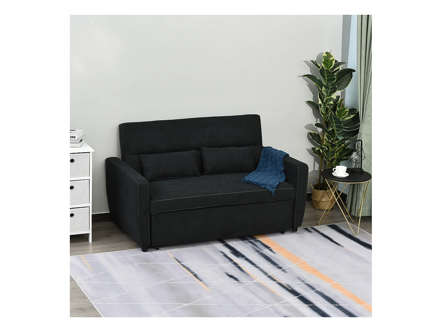 Canapé droit 2 places convertible avec dossier Clic-clac à 3 positions et assise coulissant, en velours noir - 155x90x88.5cm