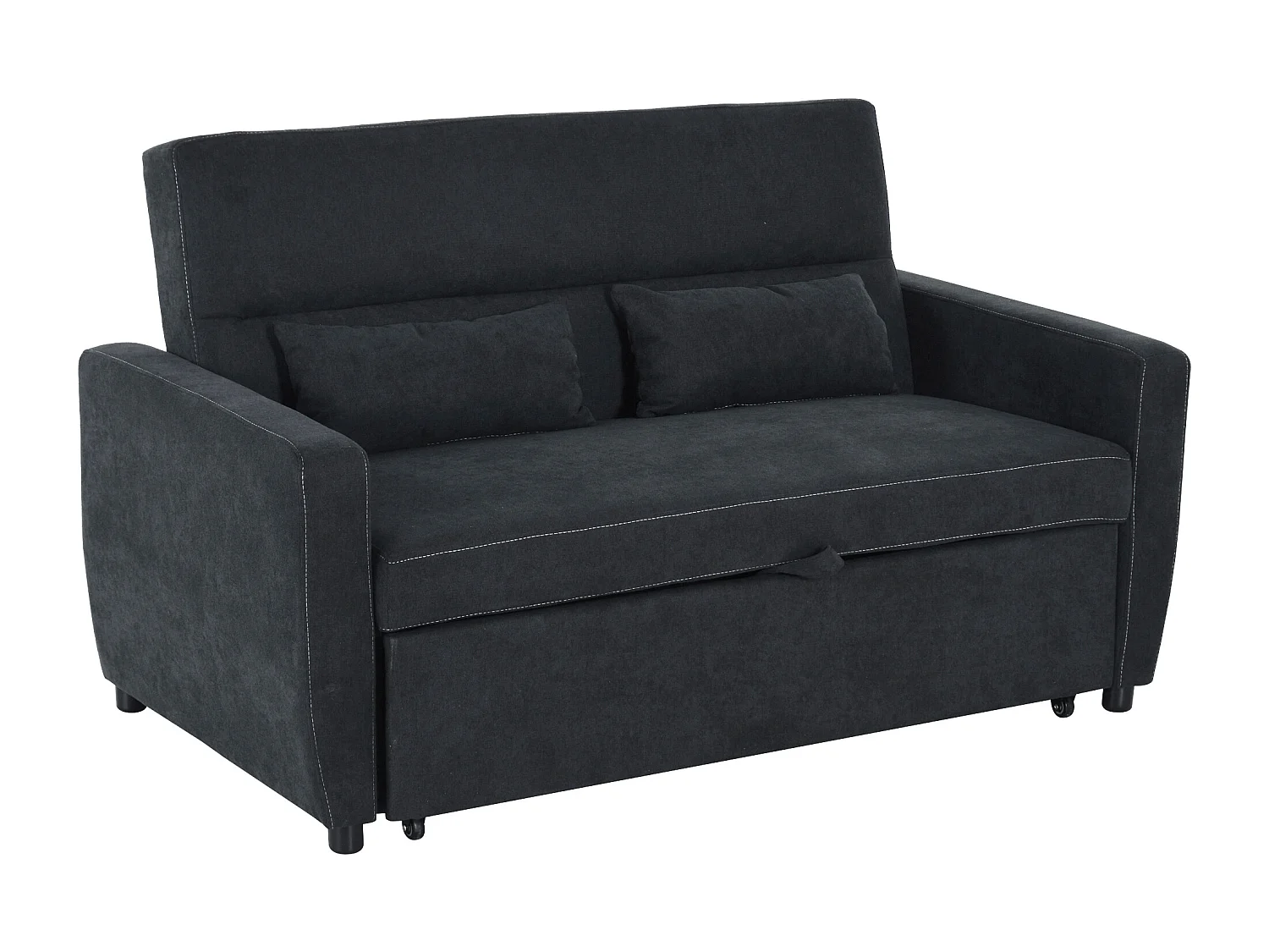 Canapé droit 2 places convertible avec dossier Clic-clac à 3 positions et assise coulissant, en velours noir - 155x90x88.5cm