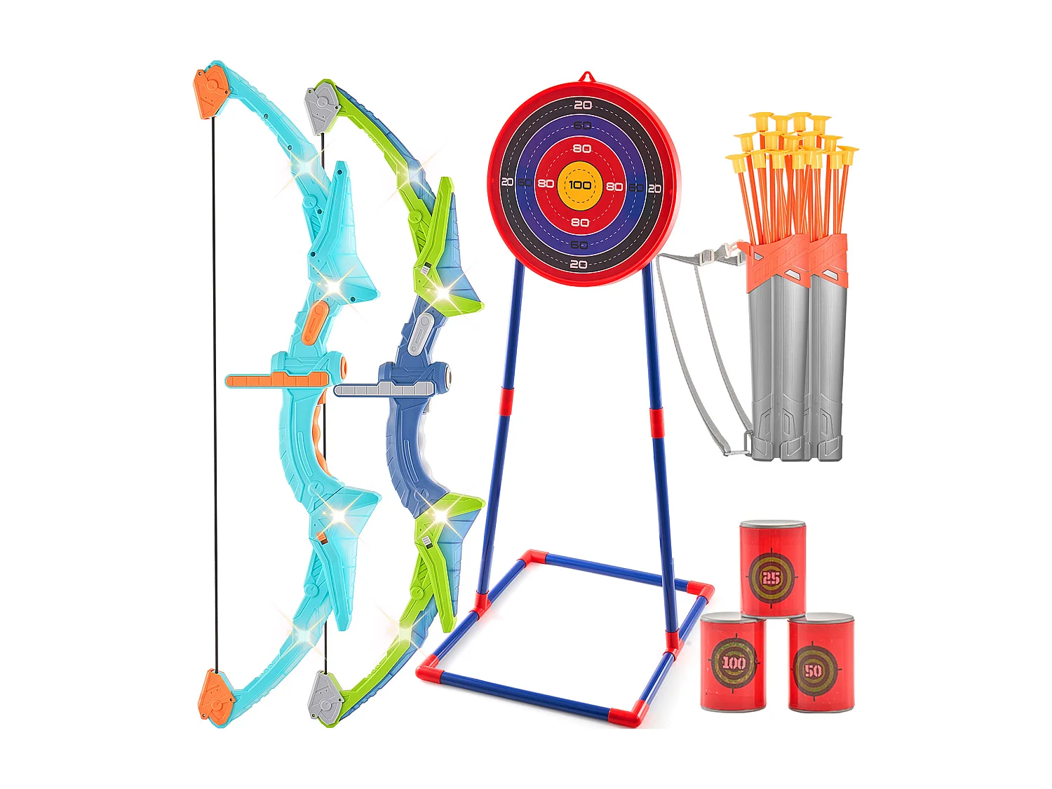 Conjunto de Arco y Flechas para Niños SucceBuy, Kit de Tiro con Arco Exterior con Iluminación LED Lote de 2 20 Flechas