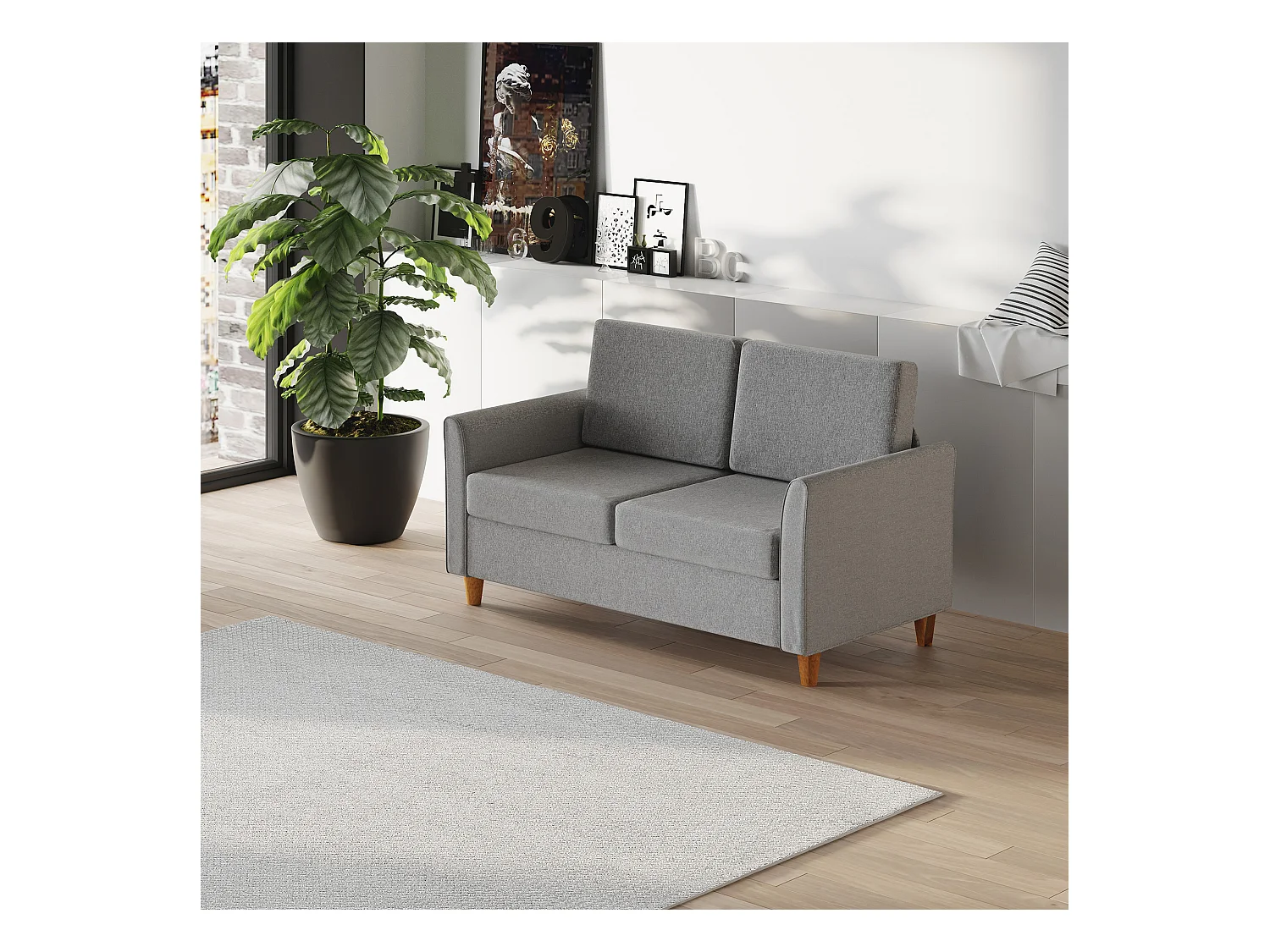 Sofá recto de 2 plazas desenfundable en lino gris claro - 141x70x78cm