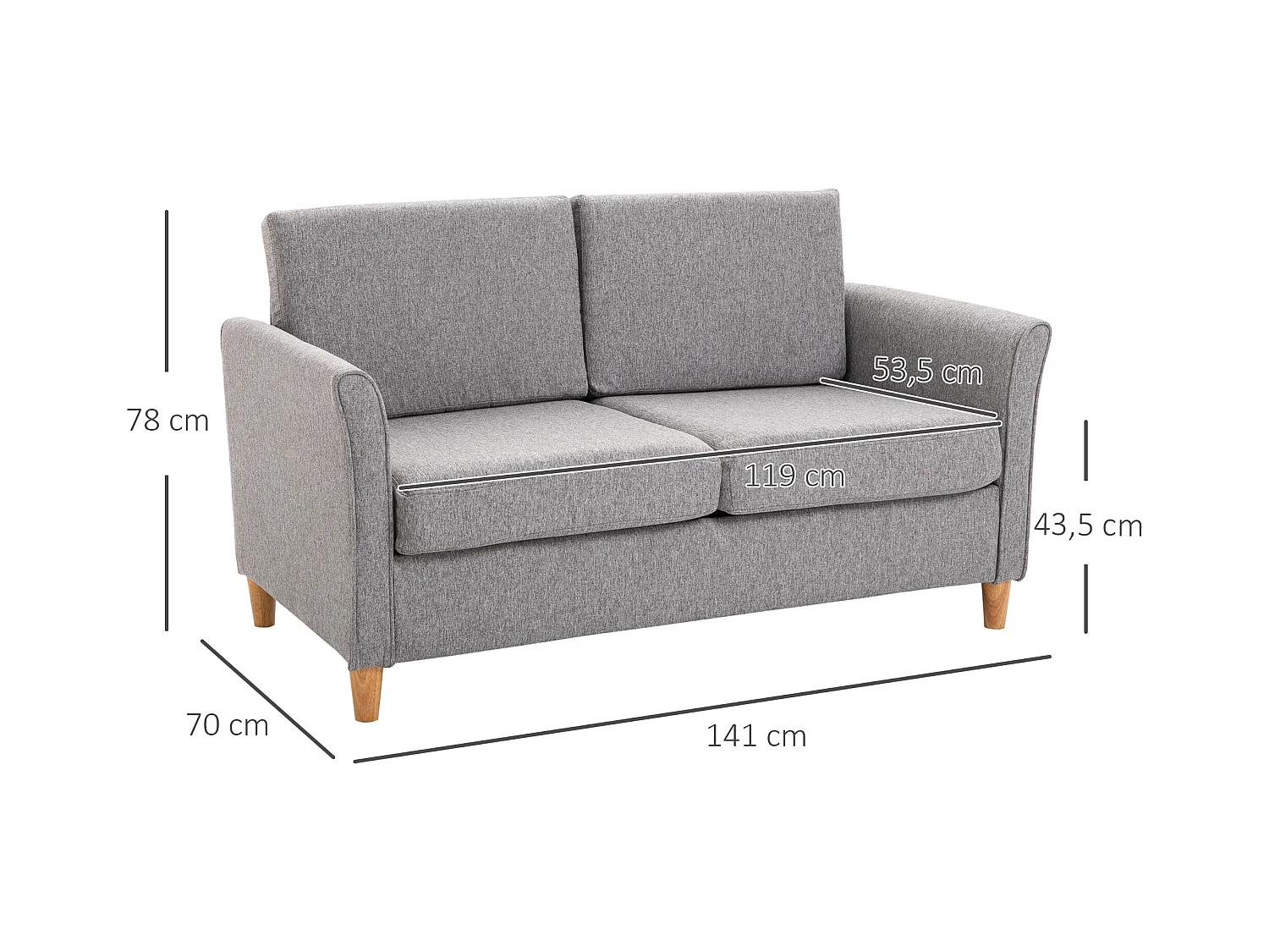 Sofá recto de 2 plazas desenfundable en lino gris claro - 141x70x78cm