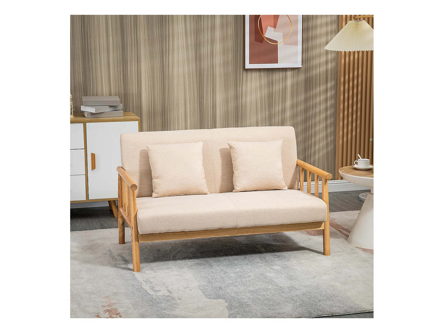 Divano 2 posti dritto beige, struttura in legno naturale, 2 cuscini inclusi - 123x69x74cm