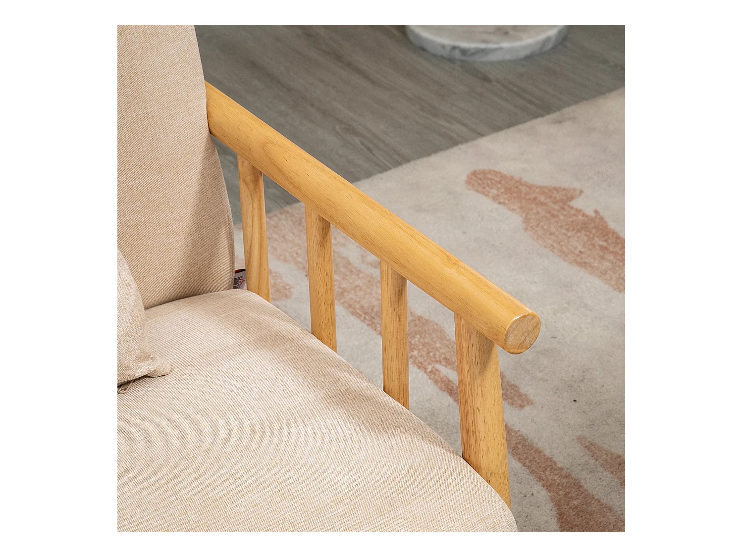 Divano 2 posti dritto beige, struttura in legno naturale, 2 cuscini inclusi - 123x69x74cm