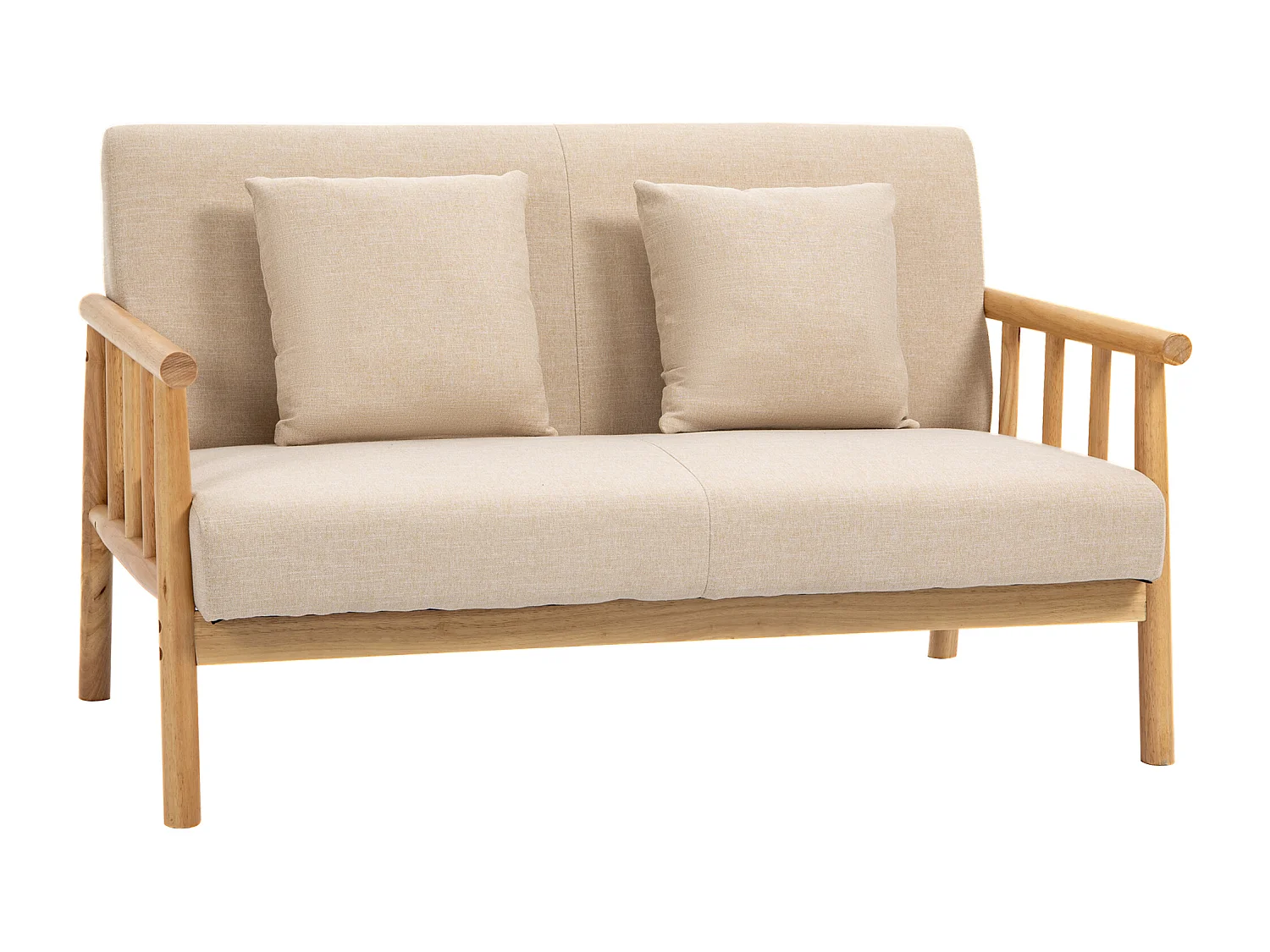Canapé droit 2 places beige, cadre en bois naturel, 2 coussins inclus - 123x69x74cm
